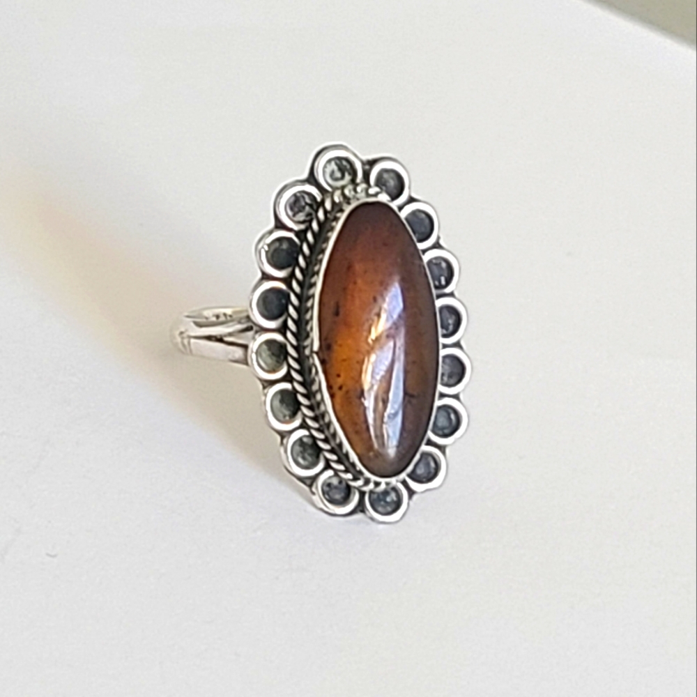 Vintage Boho Art Deco Sterling Silver Orange Amber Long Oval Chunky Ring